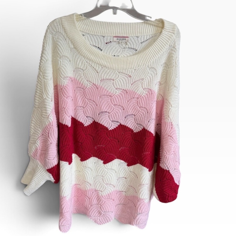 Andree by Unit Sweater Womens M Pink Colorblock Pointelle Knit Batwing Oversized